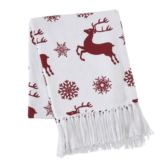 Christmas Farmhouse Reindeer Woven Cotton Fringed Throw Blanket Holiday Red Snow - Picture 3 of 5